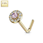 14KT Solid Yellow Gold L Shape Bent Pink & White CZ Cluster Nose Stud