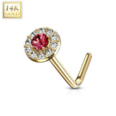 14KT Solid Yellow Gold L Shape Bent Red & White CZ Cluster Nose Stud