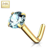 14KT Solid Yellow Gold "L" Shaped Bent Aqua Circle CZ Nose Ring Stud