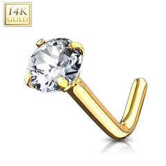 14KT Solid Yellow Gold "L" Shaped Bent White Circle CZ Nose Ring Stud