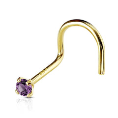 14KT Solid Yellow Gold Prong Purple CZ Gem Corkscrew Nose Ring Stud