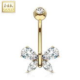 14KT Solid Yellow Gold White CZ Butterfly Belly Button Ring