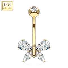 14KT Solid Yellow Gold White CZ Butterfly Belly Button Ring