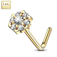 14KT Solid Yellow Gold White CZ Cluster Flower L shape Nose Ring Stud