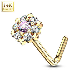 14KT Solid Yellow Gold White & Pink CZ Cluster Flower L shape Nose Ring Stud