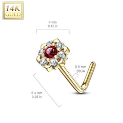 14KT Solid Yellow Gold White & Red CZ Cluster Flower L shape Nose Ring Stud
