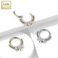 14KT White Gold Beaded White CZ Bezel Center Hinged Septum Clicker Hoop