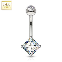 14KT White Gold White Princess Cut Prong CZ Belly Button Ring