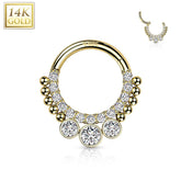 14KT Yellow Gold Beaded White CZ Bezel Center Hinged Septum Clicker Hoop