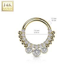 14KT Yellow Gold Beaded White CZ Bezel Center Hinged Septum Clicker Hoop