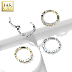 14KT Yellow Gold Dainty White Opal Hinged Septum Clicker Hoop