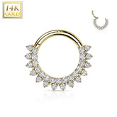 14KT Yellow Gold Double Layer Pave White CZ Hinged Septum Clicker Hoop