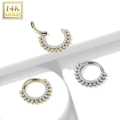 14KT Yellow Gold Double Layer Pave White CZ Hinged Septum Clicker Hoop