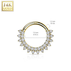 14KT Yellow Gold Double Layer Pave White CZ Hinged Septum Clicker Hoop