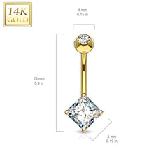 14KT Yellow Gold White Princess Cut Prong CZ Belly Button Ring