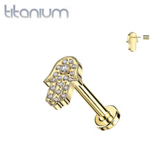Implant Grade Titanium Gold PVD Large White CZ Gem Hamsa Hand Threadless Push In Labret