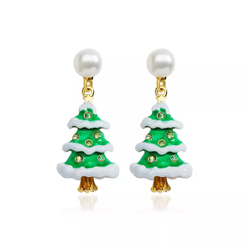 18K Christmas Tree Snowman Moose Pearl and Enamel Stud Earrings🎄🦌