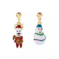 18K Christmas Tree Snowman Moose Pearl and Enamel Stud Earrings🎄🦌