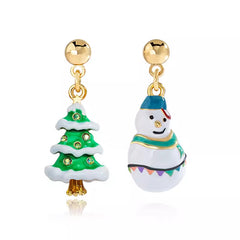 18K Christmas Tree Snowman Moose Pearl and Enamel Stud Earrings