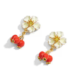 18k Hawthorn Flower Enamel Handcrafted Earrings-Short