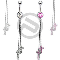 2 Dangle Religious Cross CZ Drop Dangle Belly Button Navel Ring