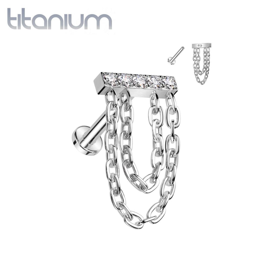 Implant Grade Titanium White CZ Studded Bar Chain Dangle Flat Back Labret