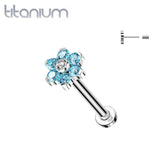 Implant Grade Titanium Threadless Push In Nose Ring Aqua CZ Flower With Flat Back