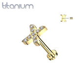Implant Grade Titanium Gold PVD White CZ Pave "X" Threadless Push In Labret