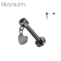 Implant Grade Titanium Black PVD VM CZ Heart Dangle Threadless Push In Labret