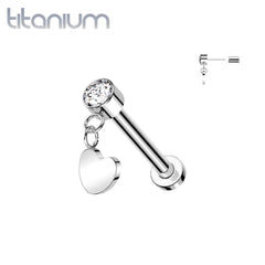 Implant Grade Titanium White CZ Heart Dangle Threadless Push In Labret