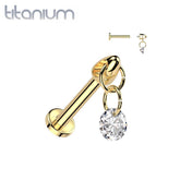 Implant Grade Titanium Gold PVD Internally Threaded White CZ Dangle Flat Back Labret