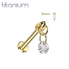 Implant Grade Titanium Gold PVD Internally Threaded White CZ Dangle Flat Back Labret