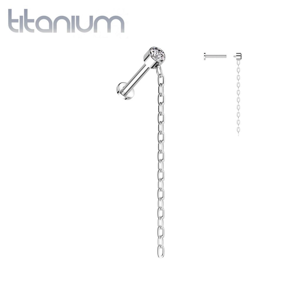 Implant Grade Titanium White CZ Gem With Long Chain Dangle Flat Back Labret