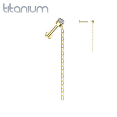 Implant Grade Titanium Gold PVD White CZ Gem With Long Chain Dangle Flat Back Labret