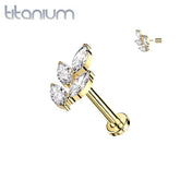 Implant Grade Titanium Gold PVD White CZ Marquise Leaf Threadless Push In Labret