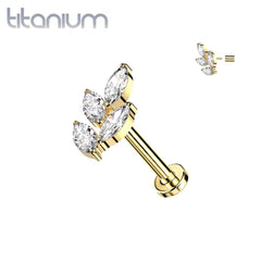 Implant Grade Titanium Gold PVD White CZ Marquise Leaf Threadless Push In Labret