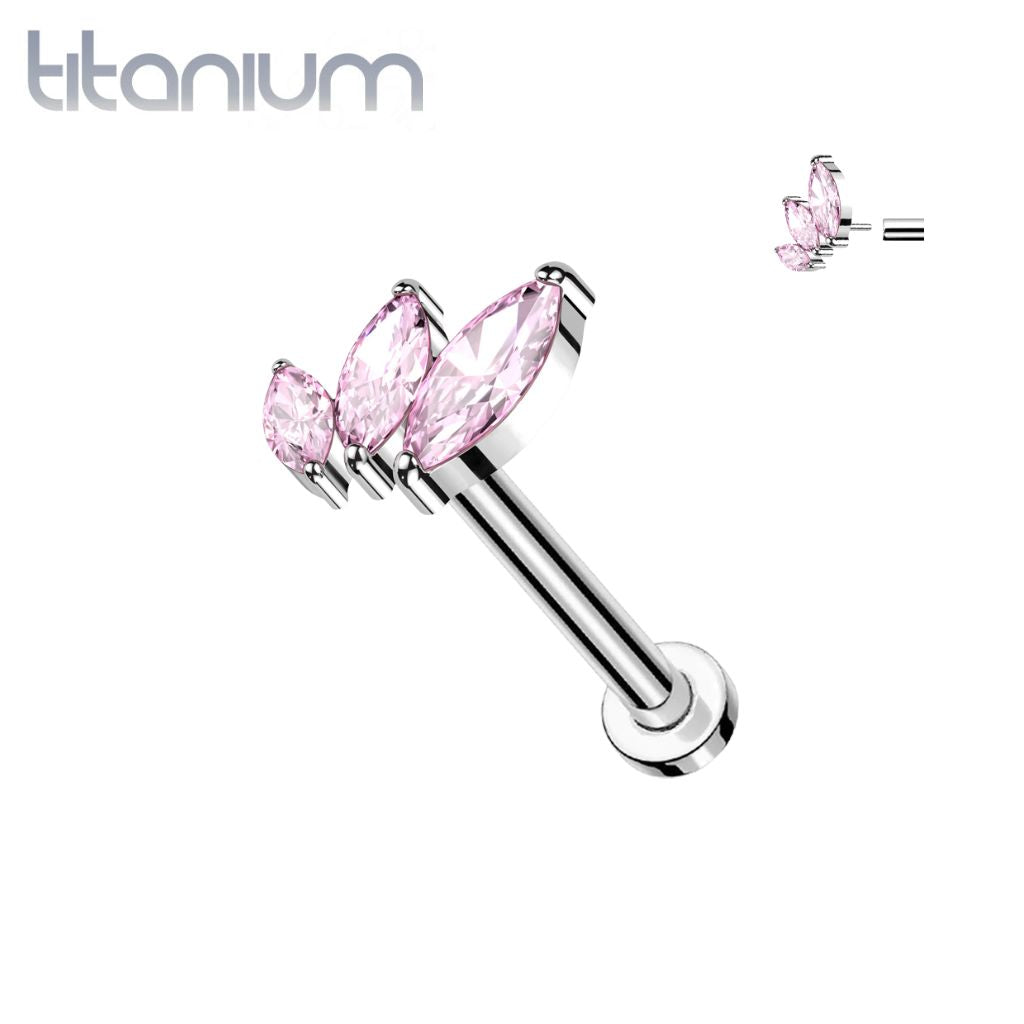 Implant Grade Titanium Pink Triple Marquise CZ Curved Threadless Push In Labret