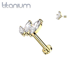Implant Grade Titanium Gold PVD Triple Marquise CZ Curved Threadless Push In Labret