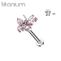 Implant Grade Titanium Large Pink CZ Gem Butterfly Threadless Push In Labret