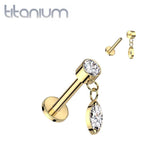 Implant Grade Titanium Gold PVD White CZ Marquise Gem Dangle Flat Back Labret