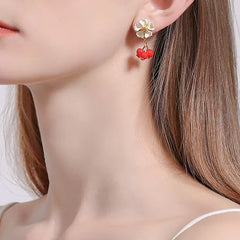 18k Hawthorn Flower Enamel Handcrafted Earrings-Short