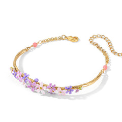 18K Purple Pink Small Flower Mori Enamel Bracelet