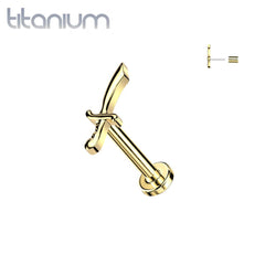 Implant Grade Titanium Gold PVD Threadless Push In Dainty Sword Dagger Top Labret With Flat Back