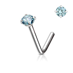 316L Surgical Steel Aqua CZ Gem Prong L Shape Nose Stud