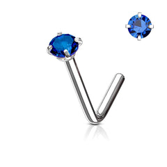 316L Surgical Steel Blue CZ Gem Prong L Shape Nose Stud