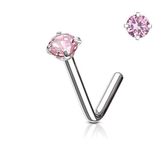 316L Surgical Steel Pink CZ Gem Prong L Shape Nose Stud