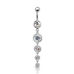 316L Surgical Steel 4 Gem Rimmed Dangle Belly Ring