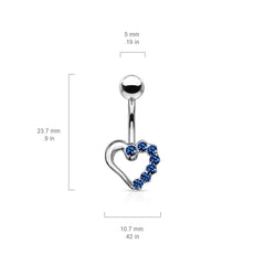 316L Surgical Steel Aqua CZ Heart Outline Stud Belly Ring