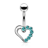 316L Surgical Steel Aqua CZ Heart Outline Stud Belly Ring
