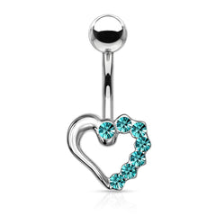316L Surgical Steel Aqua CZ Heart Outline Stud Belly Ring
